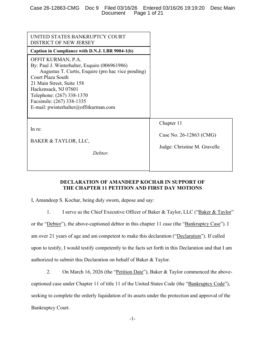 First page of the Declaration of Amandeep Kochar in support of Baker and Taylor's Chapter 11 petition and first day motions, filed 03/16/26 in the United States Bankruptcy Court for the District of New Jersey, case 26-12863-CMG