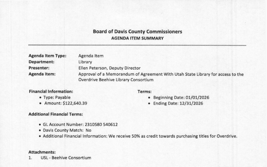 Davis County Commissioners agenda item approving a $122,640.39 payment to OverDrive via the Utah State Library Beehive Consortium for 2026