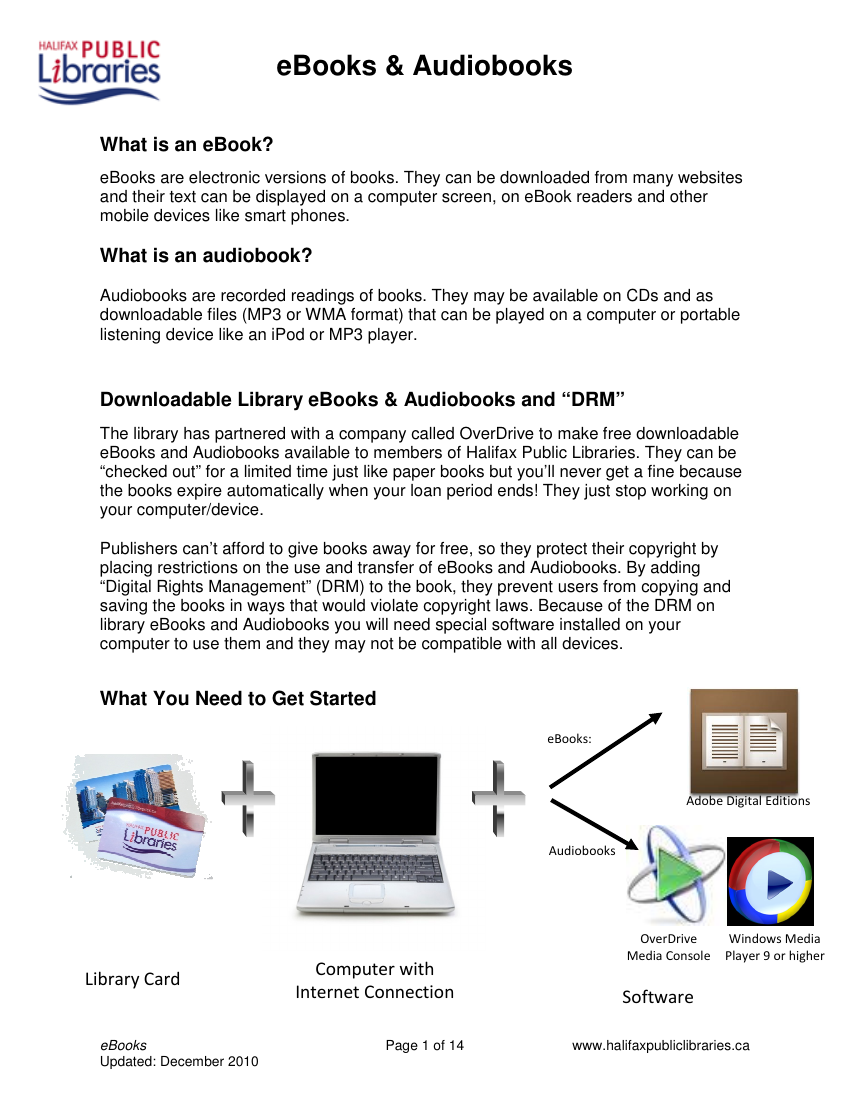 First page of a Halifax Public Libraries patron handout titled eBooks and Audiobooks, explaining what an ebook is and how to download one from the library's OverDrive collection