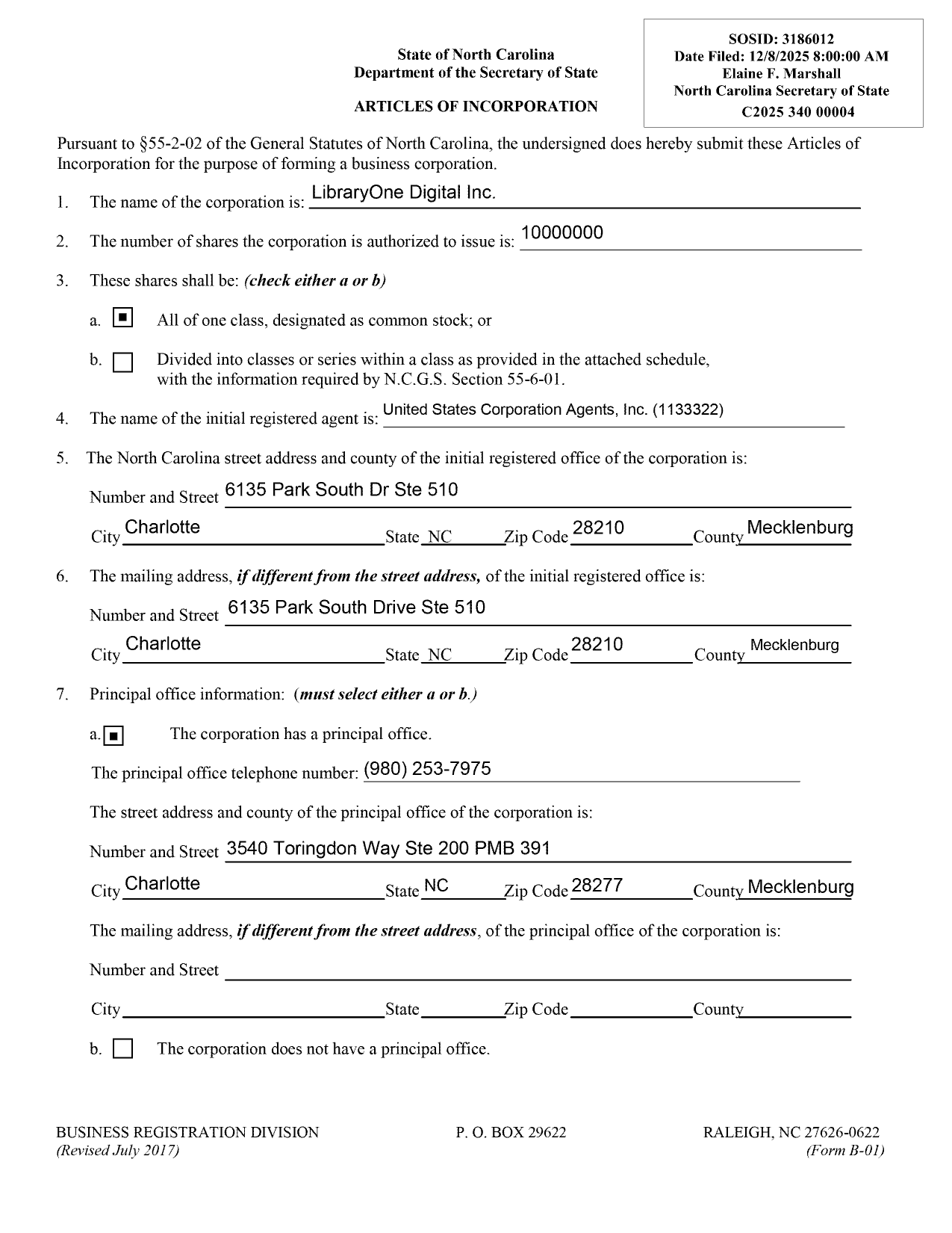 First page of LibraryOne Digital Inc.'s Articles of Incorporation, North Carolina Secretary of State, SOSID 3186012, date filed 12/8/2025