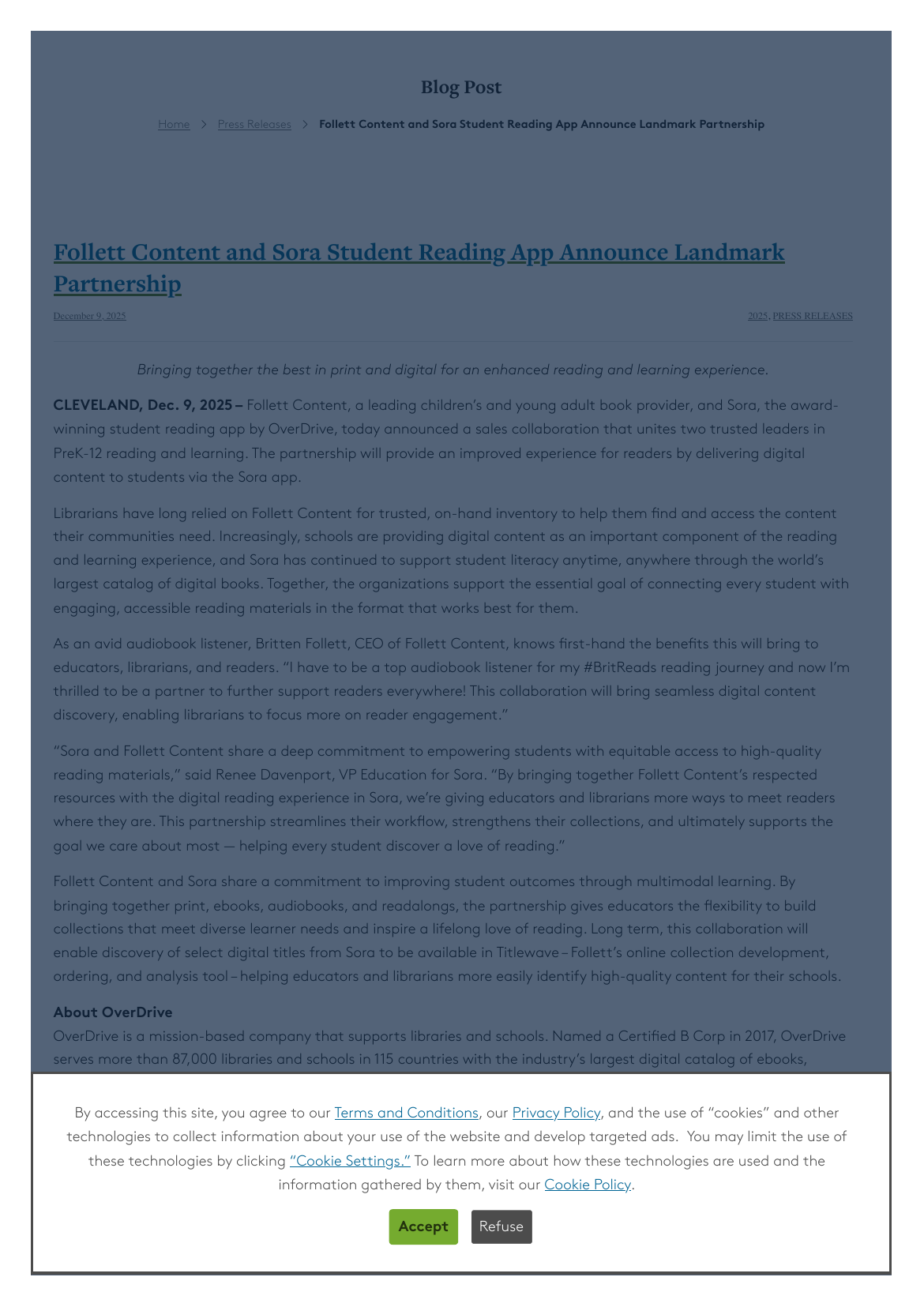 First page of the joint OverDrive and Follett Content press release, December 9, 2025, announcing a sales collaboration between Sora and Follett Content