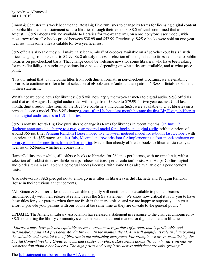 Publishers Weekly article by Andrew Albanese, July 1, 2019, reporting Simon and Schuster's new library e-book terms effective August 1, 2019