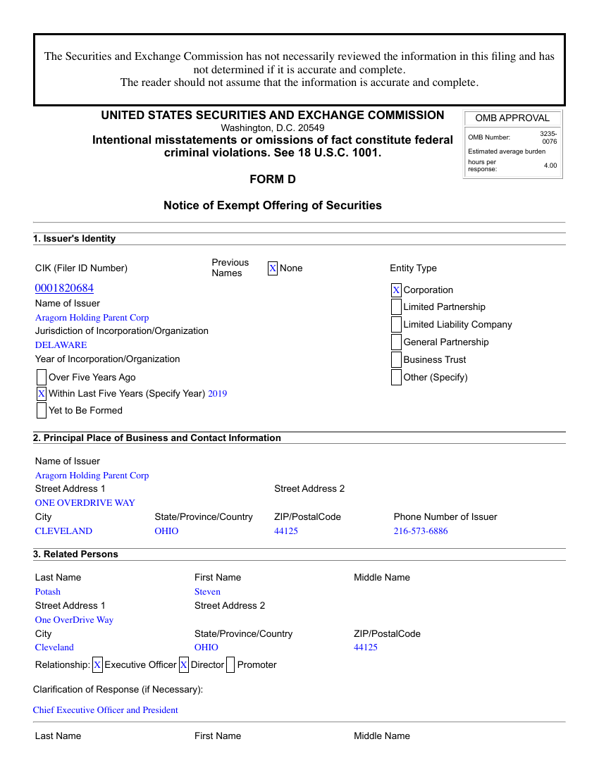 First page of Aragorn Holding Parent Corp's SEC Form D filing, August 2021, listing One OverDrive Way, Cleveland, Ohio as its address and Steven Potash as Chief Executive Officer and President