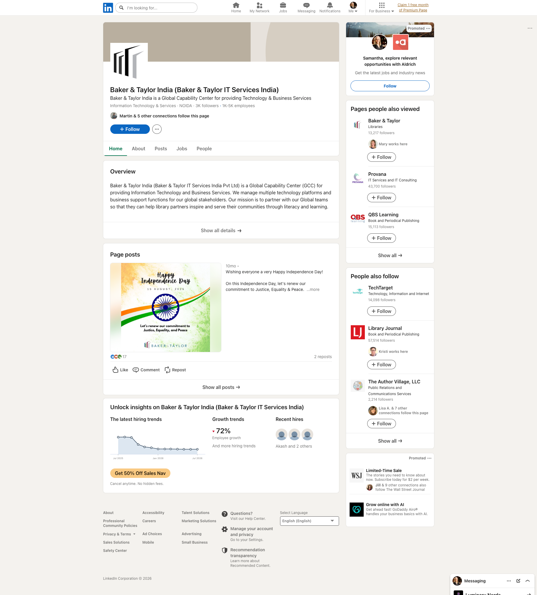Screenshot of the Baker & Taylor India LinkedIn profile, captured July 12, 2026