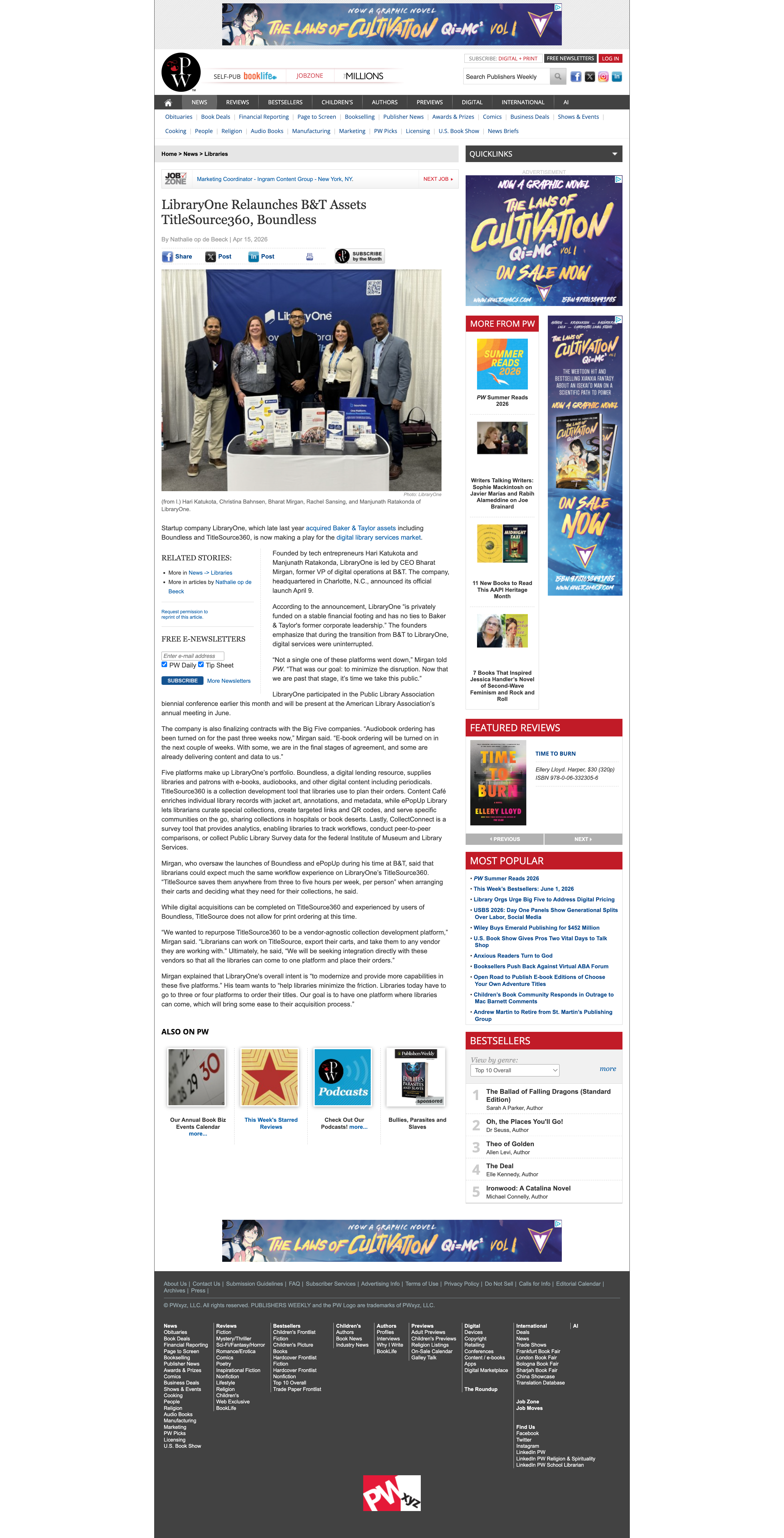 Screenshot of a Publishers Weekly article about LibraryOne’s launch and Baker & Taylor assets