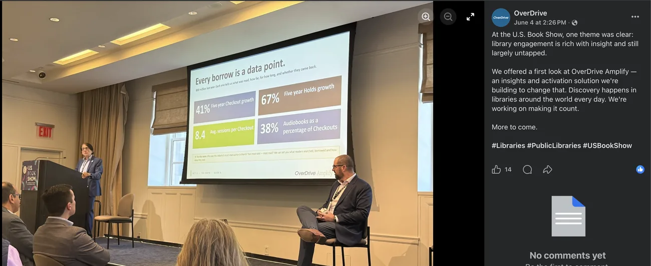 OverDrive's Facebook post from June 4, 2026, showing its U.S. Book Show presentation. On the projected slide a heading reads 'Every borrow is a data point,' above figures: 41% five-year checkout growth, 67% five-year holds growth, 8.4 average sessions per checkout, and 38% audiobooks as a percentage of checkouts, branded OverDrive Amplify. The post text reads: 'At the U.S. Book Show, one theme was clear: library engagement is rich with insight and still largely untapped. We offered a first look at OverDrive Amplify, an insights and activation solution we're building to change that. Discovery happens in libraries around the world every day. We're working on making it count. More to come.'