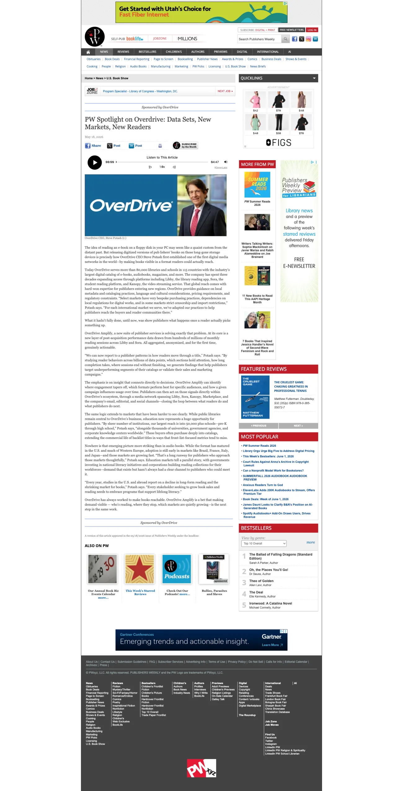 The full Publishers Weekly web page carrying OverDrive's spotlight, labeled “Sponsored Content,” with the OverDrive logo and the headline “PW Spotlight on OverDrive: Data Sets, New Markets, New Readers.” The sponsored piece runs inside Publishers Weekly's normal editorial layout, framed by PW navigation, bestseller lists, and other ads.