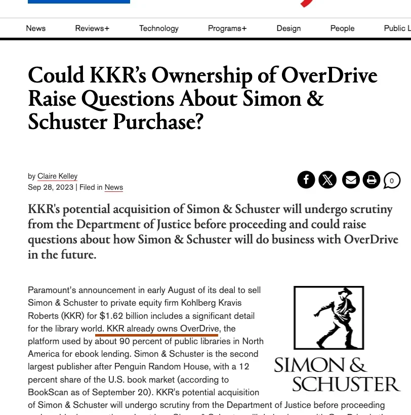 Library Journal article headline, 'Could KKR's Ownership of OverDrive Raise Questions About Simon & Schuster Purchase?' by Claire Kelley, September 28, 2023. The standfirst reads: KKR's potential acquisition of Simon & Schuster will undergo scrutiny from the Department of Justice before proceeding and could raise questions about how Simon & Schuster will do business with OverDrive in the future. The article notes KKR already owns OverDrive, the platform used by about 90 percent of public libraries in North America for ebook lending.