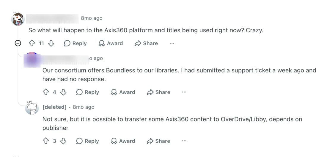 A cropped Reddit discussion about the Axis 360 platform and Boundless. One commenter asks what will happen to Axis 360 titles; another says a support ticket about Boundless has gone unanswered for a week; a third says some content may transfer to OverDrive or Libby depending on the publisher.