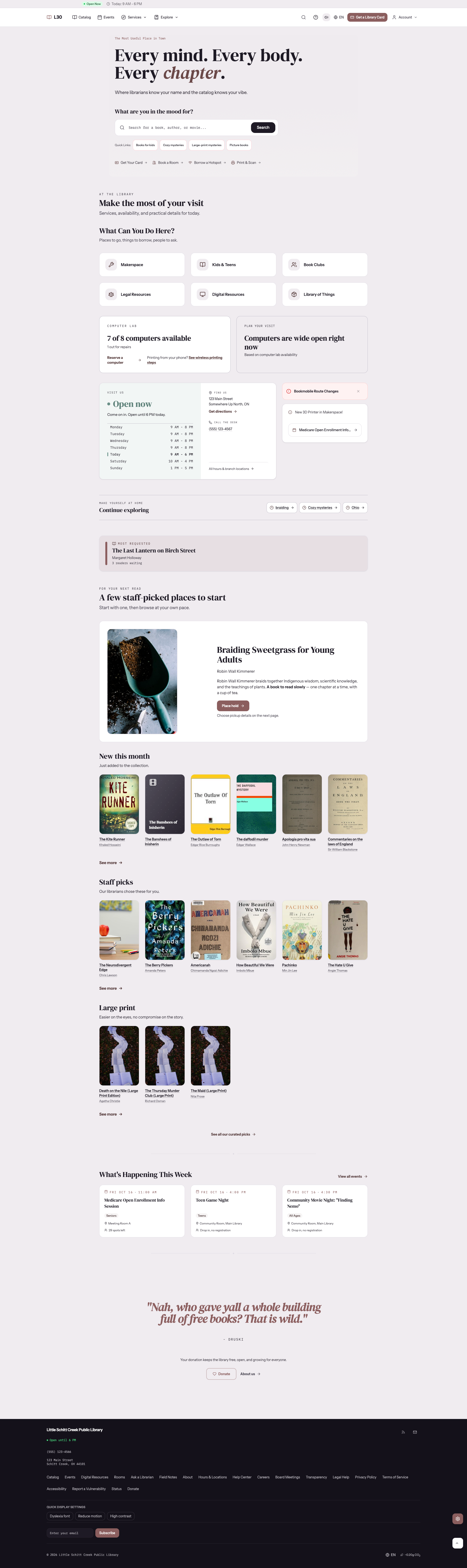 Full-page screenshot of the L/30 library system homepage, showing its catalog search, library services, hours, staff picks, events, and footer.